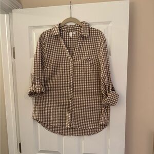 Kut from the Kloth Cotton Button Down Blouse Tan White Gingham L